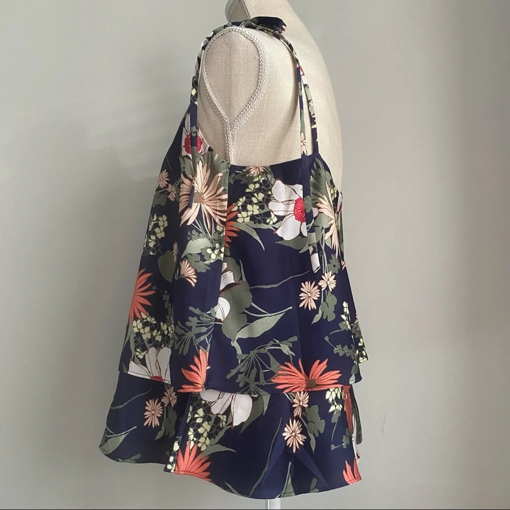 NWT BR Navy Floral Print Tie Shoulder Tiered Top, Size Small - Picture 10 of 16